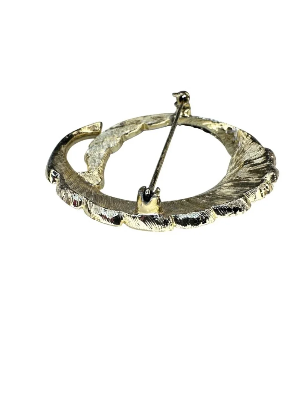 Feather Wreath Brooch Gold Tone Brown Crystal Circle Pin 1960s Vintage